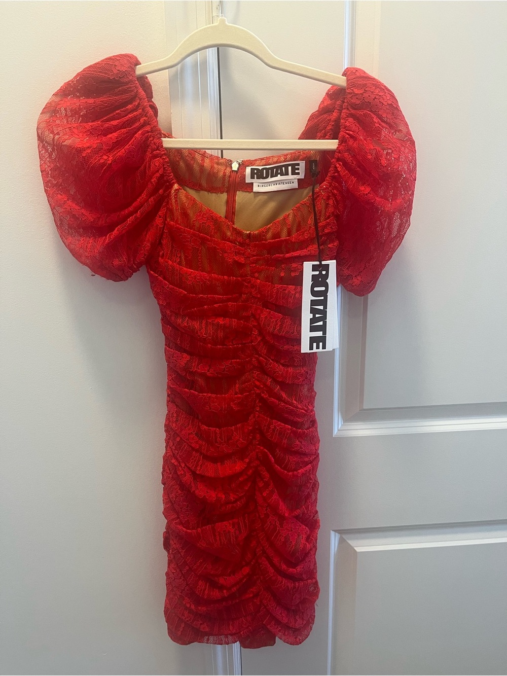 Red Ruched Puff-Sleeve Mini Dress - Picture 2 of 7